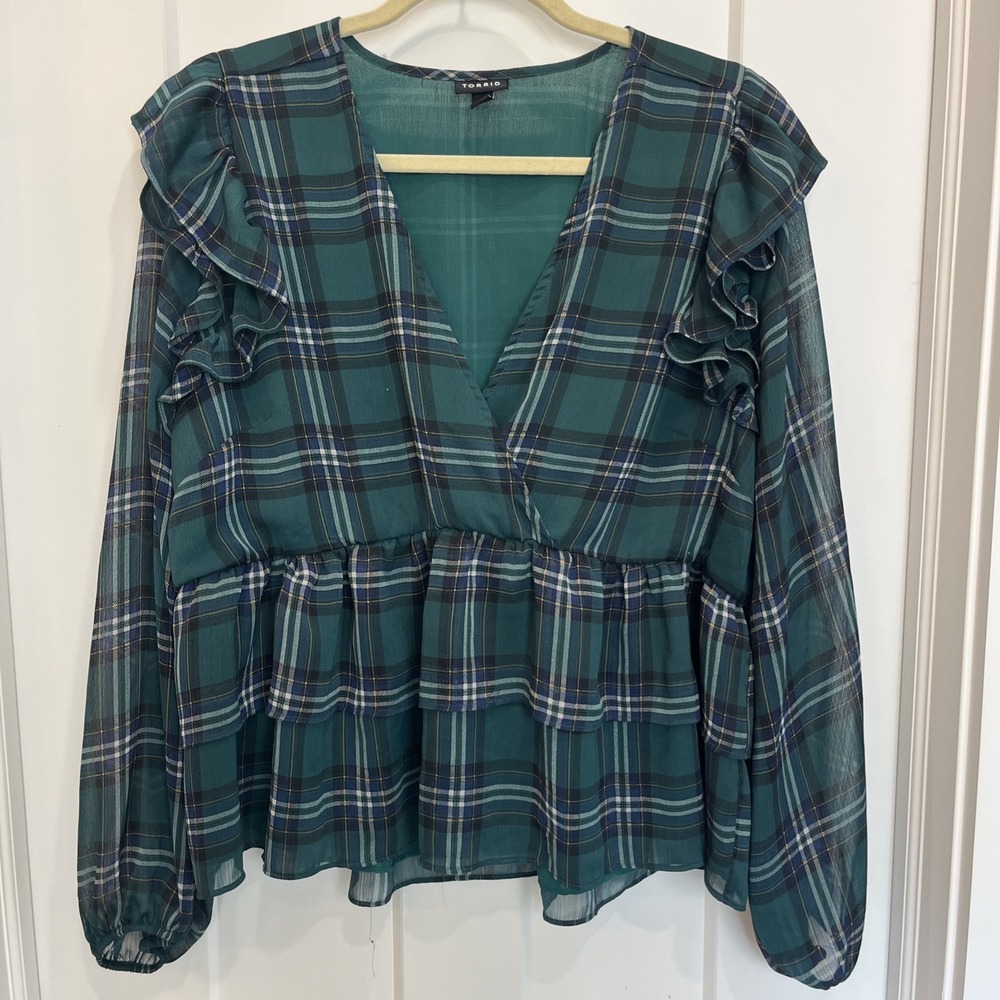 Torrid Women's Plus 1 Green Tartan Plaid Surplice Ruffle Peplum Crop Blouse 1X
